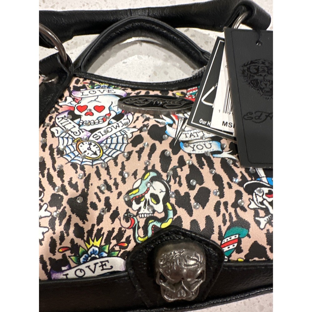 Ed Hardy Leopard Tattoo Print Rhinestone Satchel Bag NWT Skull Bling Y2K Small - Picture 8 of 9